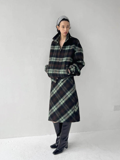 Delivery Vintage Brown Green Plaid Zip Jacket Straight Skirt Women&