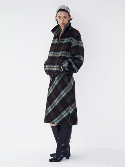 Delivery Vintage Brown Green Plaid Zip Jacket Straight Skirt Women&