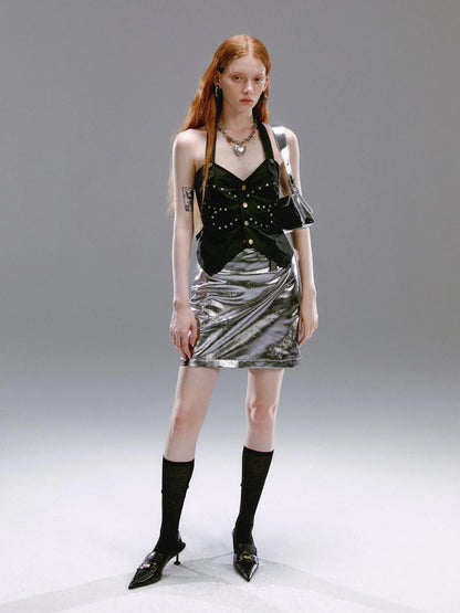 Vintage Butterfly Rivet Black Halter Top Sleeveless Bustier Vest