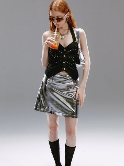 Vintage Butterfly Rivet Black Halter Top Sleeveless Bustier Vest