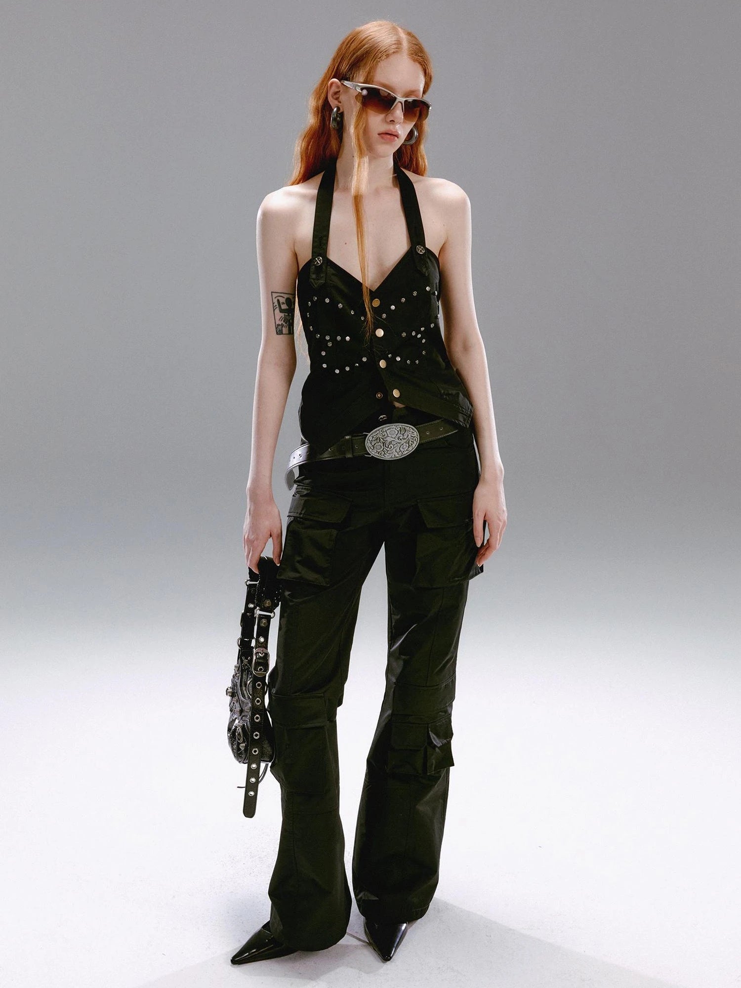 Vintage Butterfly Rivet Black Halter Top Sleeveless Bustier Vest