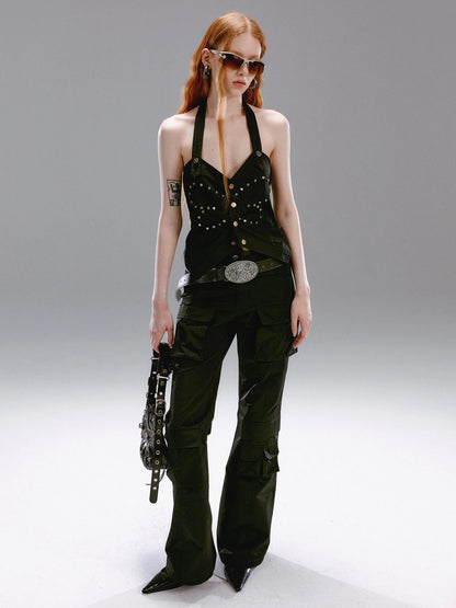 Vintage Butterfly Rivet Black Halter Top Sleeveless Bustier Vest