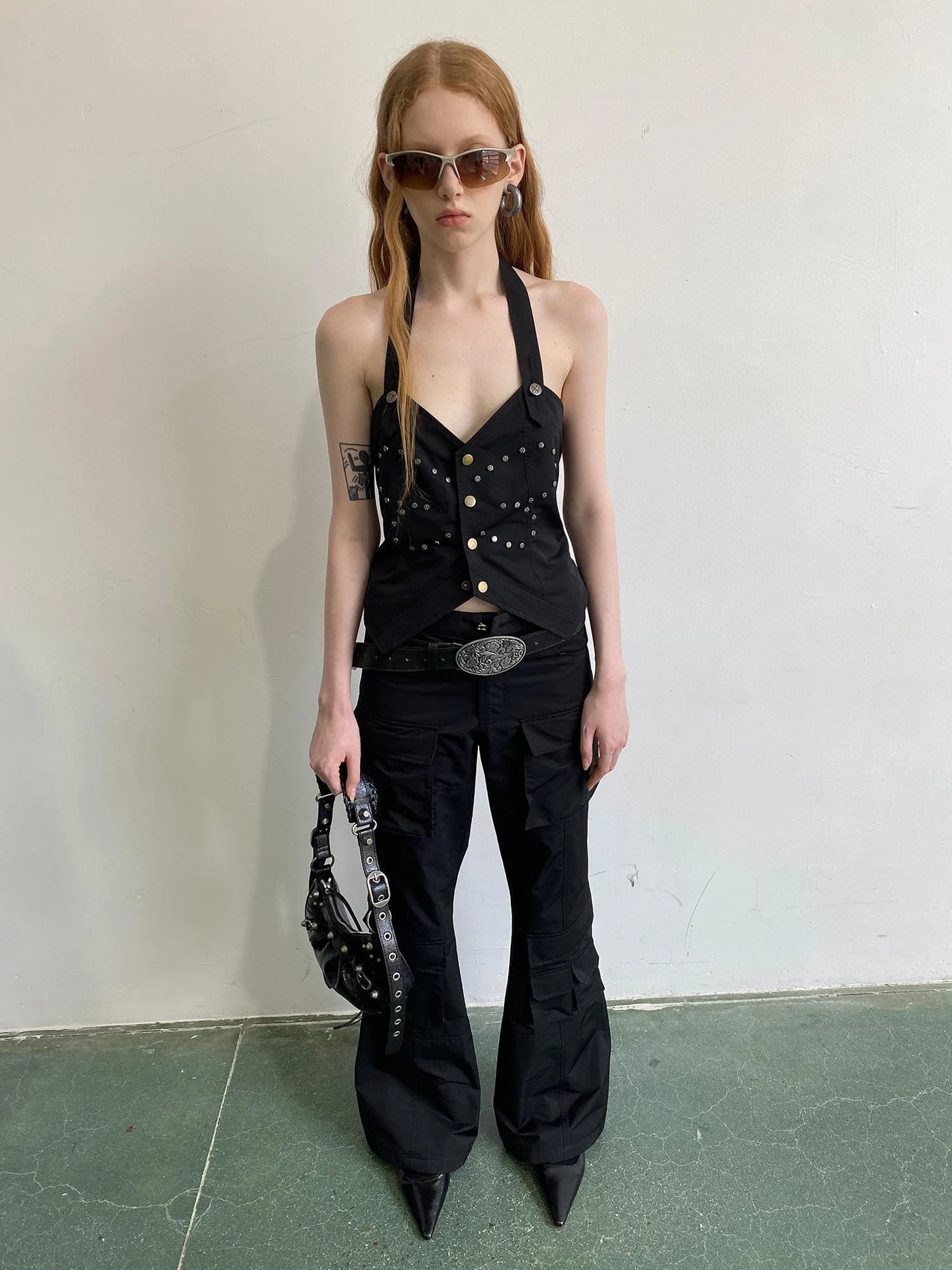 Vintage Butterfly Rivet Black Halter Top Sleeveless Bustier Vest