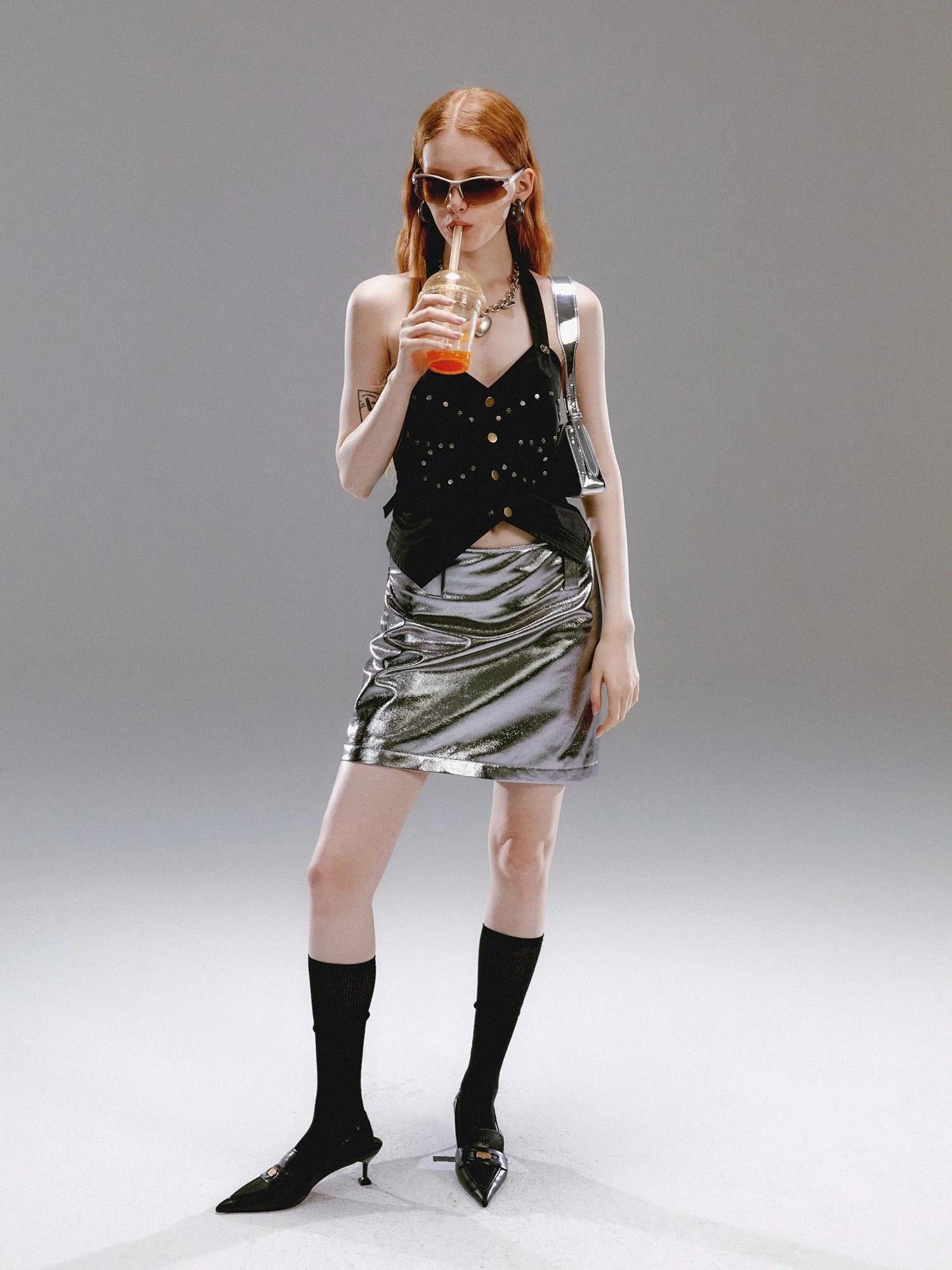 Vintage Butterfly Rivet Black Halter Top Sleeveless Bustier Vest