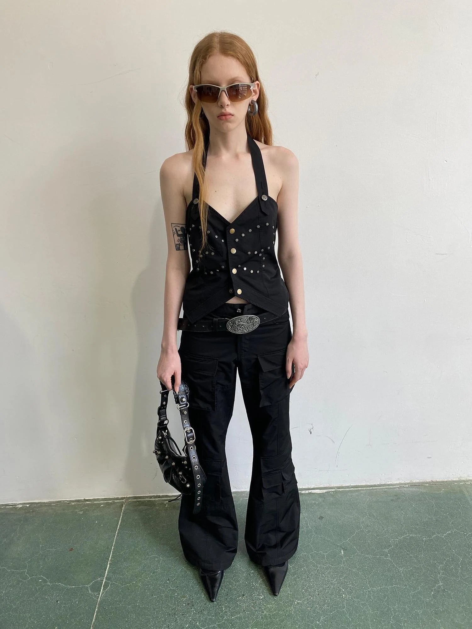 Vintage Butterfly Rivet Black Halter Top Sleeveless Bustier Vest