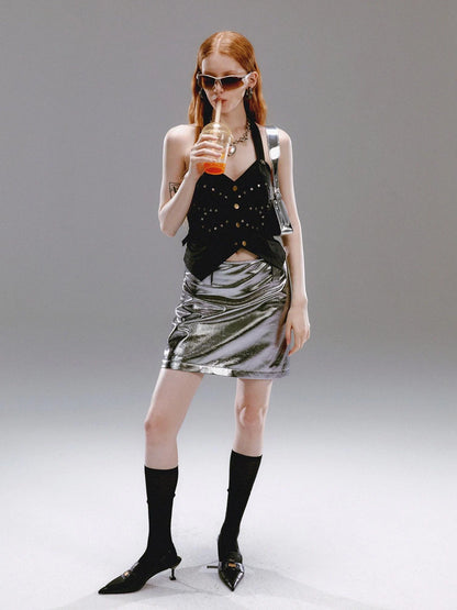 Vintage Butterfly Rivet Black Halter Top Sleeveless Bustier Vest