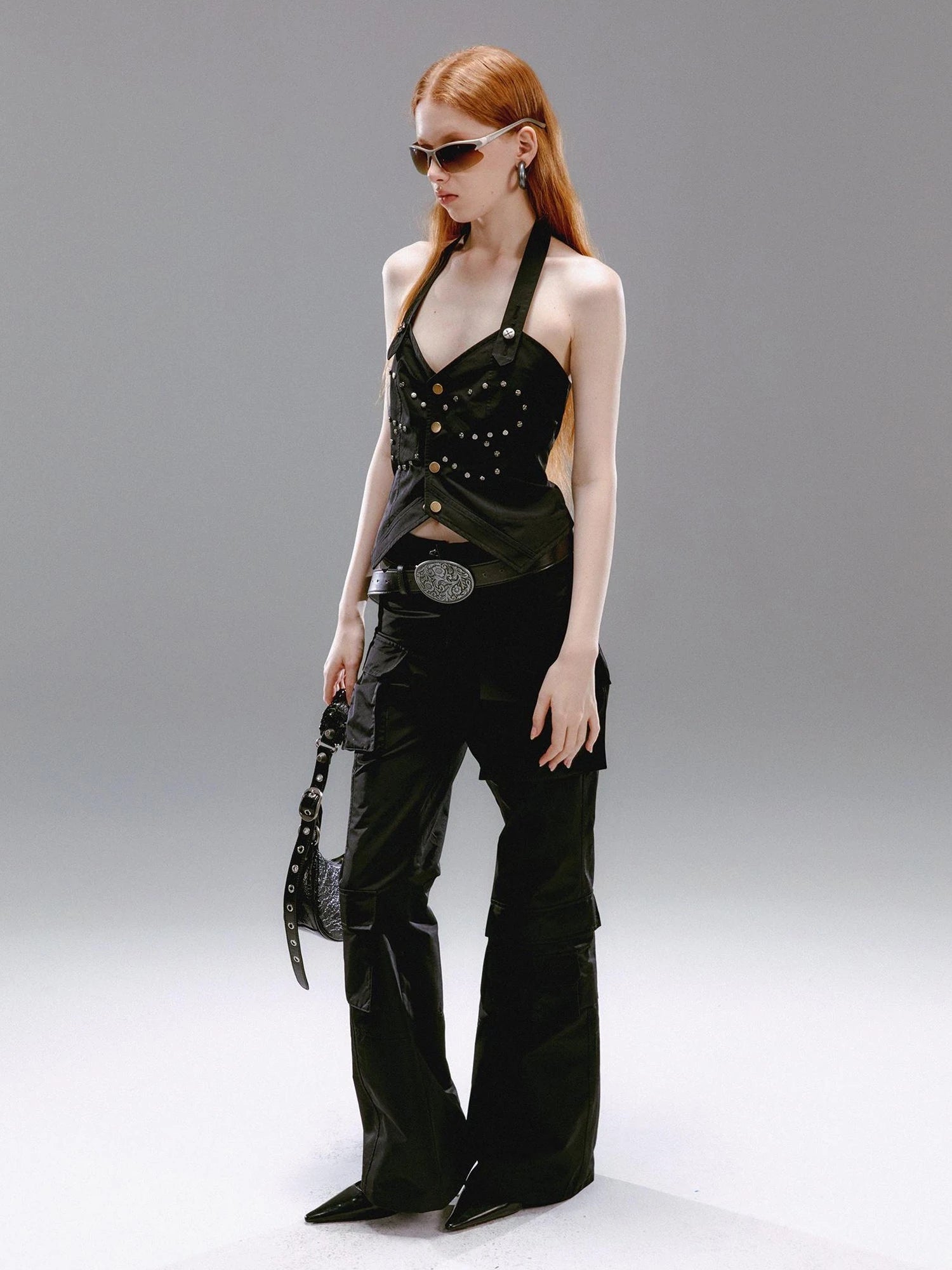 Vintage Butterfly Rivet Black Halter Top Sleeveless Bustier Vest