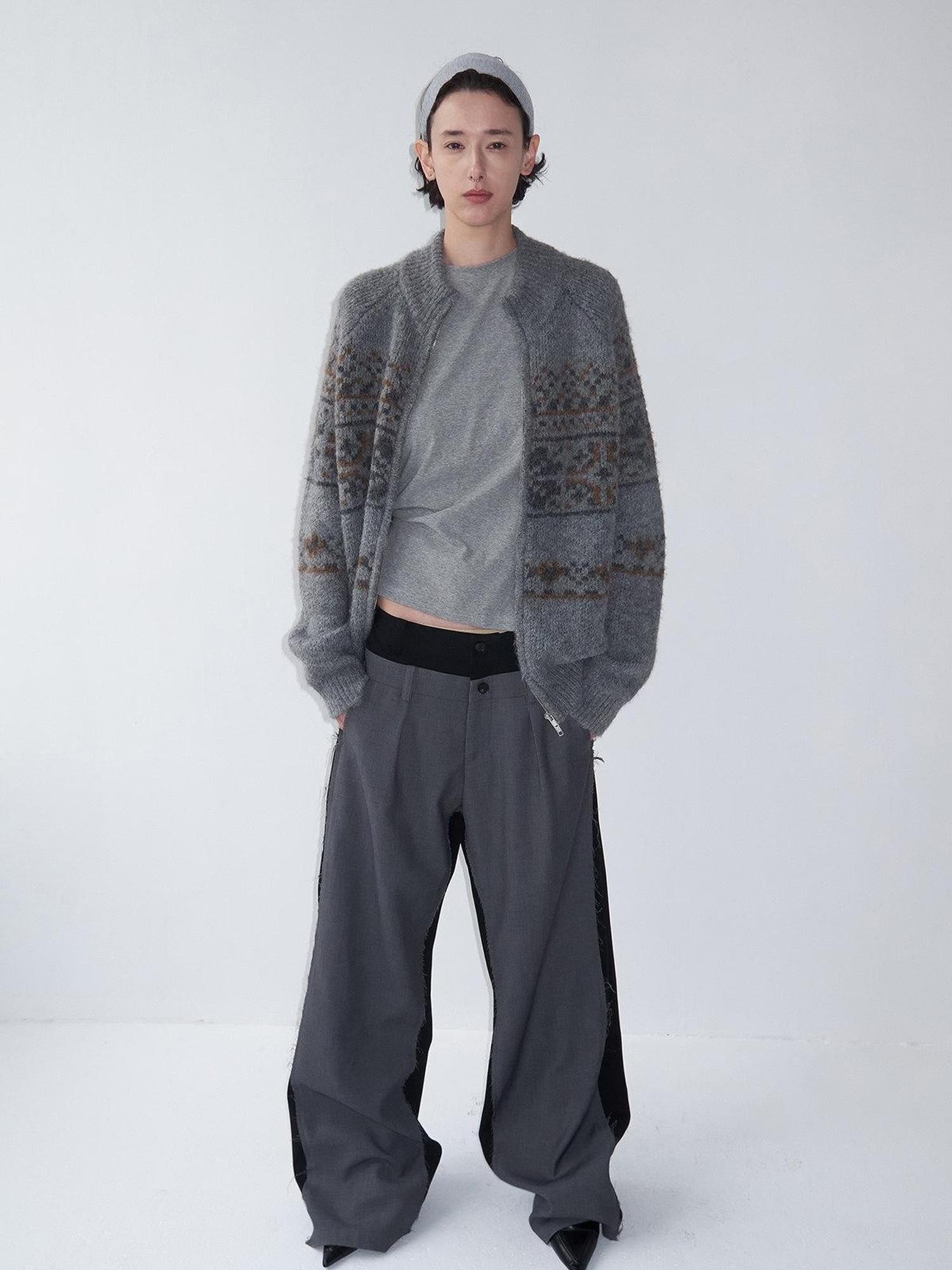 Delivery Vintage Gray Fair Isle Jacquard Loose Fit Zip Front Longsleeve Women&