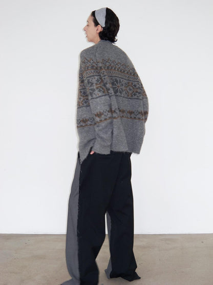 Delivery Vintage Gray Fair Isle Jacquard Loose Fit Zip Front Longsleeve Women&