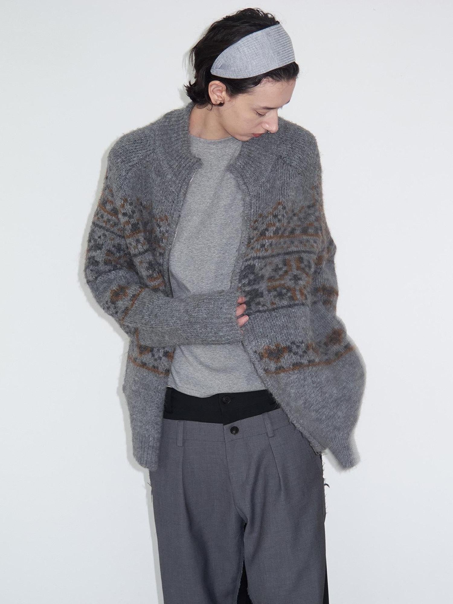 Delivery Vintage Gray Fair Isle Jacquard Loose Fit Zip Front Longsleeve Women&