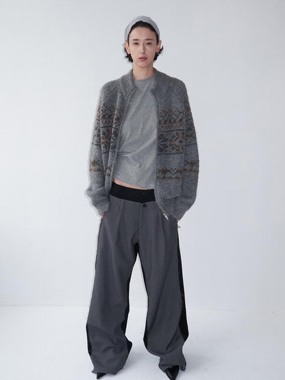 Delivery Vintage Gray Fair Isle Jacquard Loose Fit Zip Front Longsleeve Women&