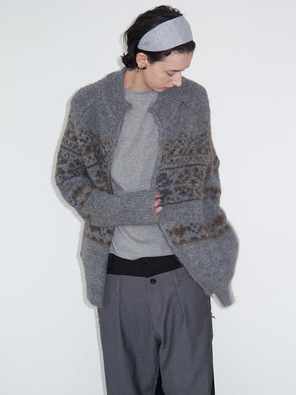 Delivery Vintage Gray Fair Isle Jacquard Loose Fit Zip Front Longsleeve Women&