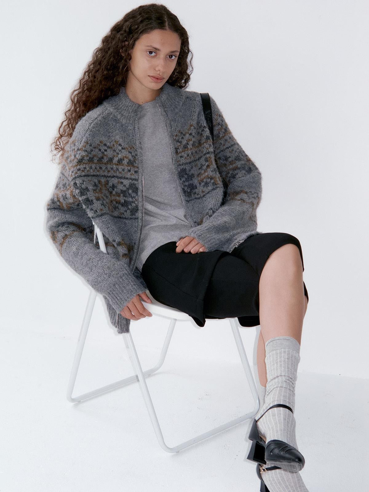 Delivery Vintage Gray Fair Isle Jacquard Loose Fit Zip Front Longsleeve Women&