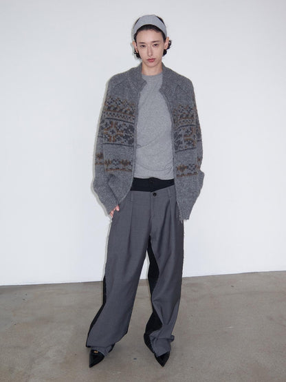 Delivery Vintage Gray Fair Isle Jacquard Loose Fit Zip Front Longsleeve Women&