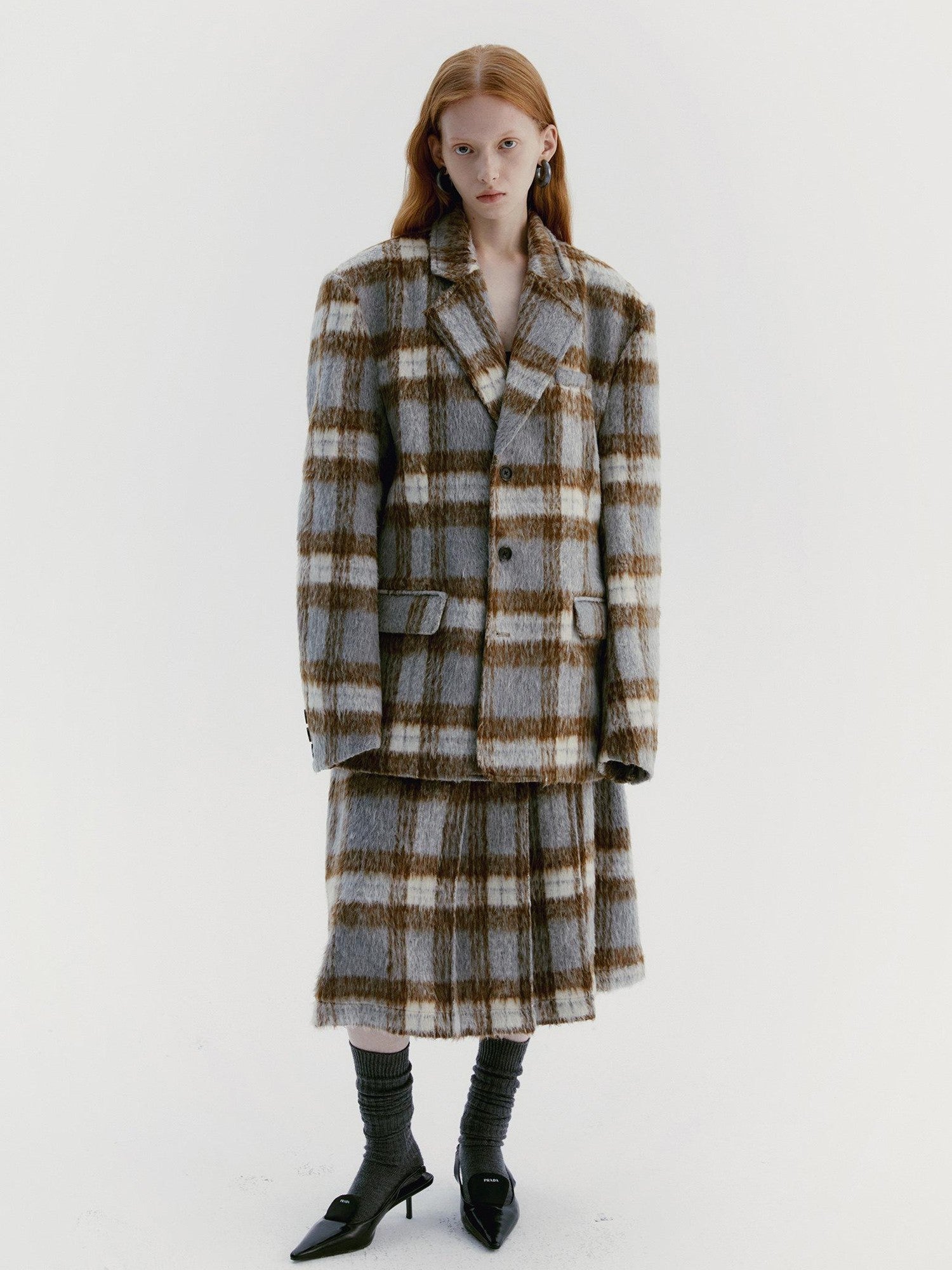 Delivery Vintage Grey Plaid Pleated Asymmetrical Women&