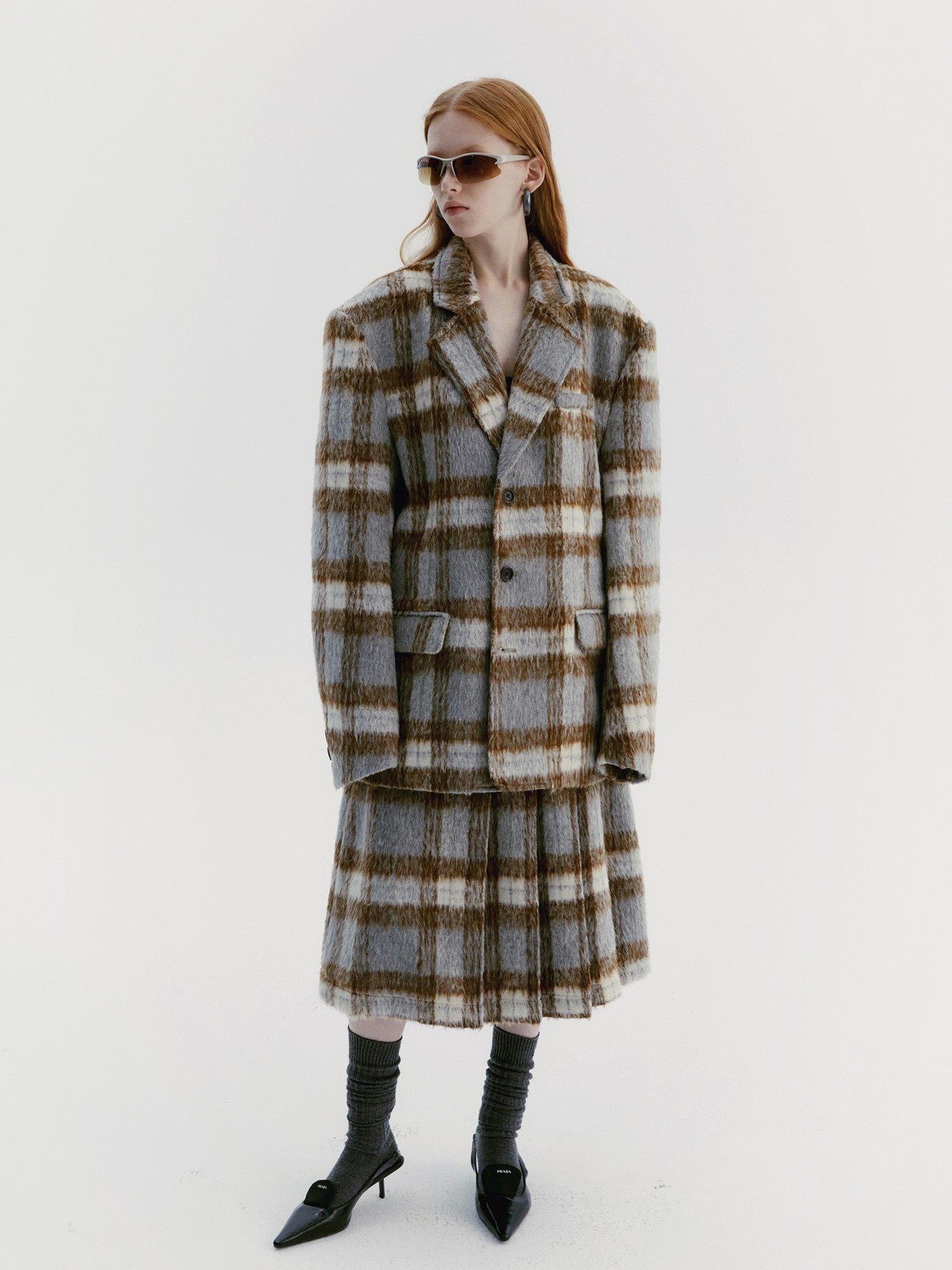 Delivery Vintage Grey Plaid Pleated Asymmetrical Women&