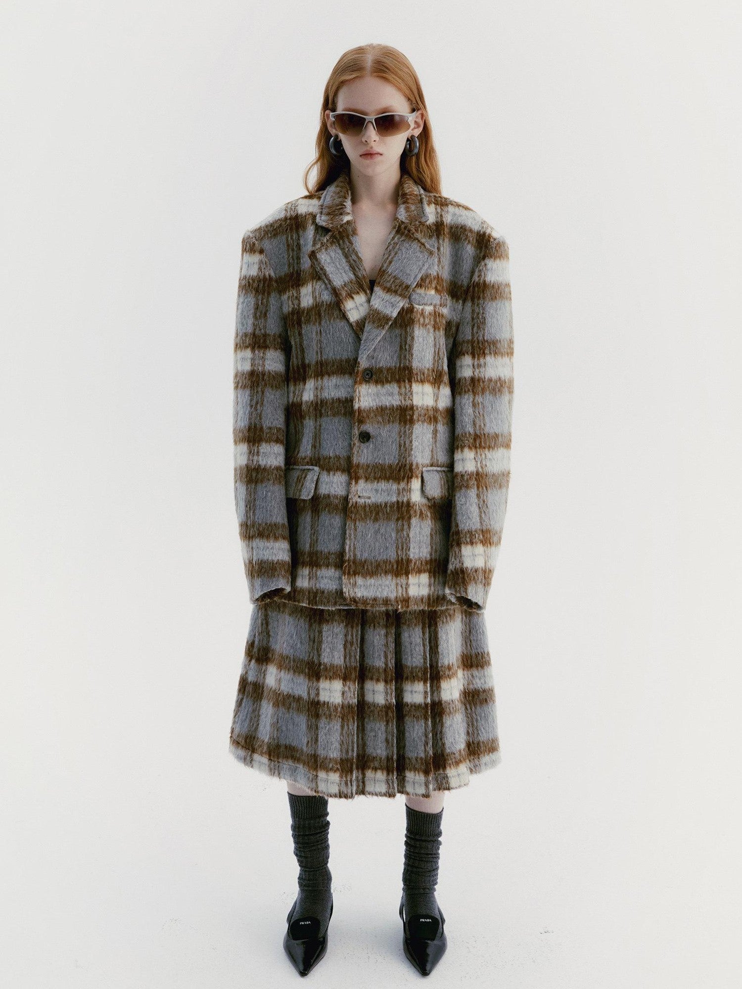Delivery Vintage Grey Plaid Pleated Asymmetrical Women&