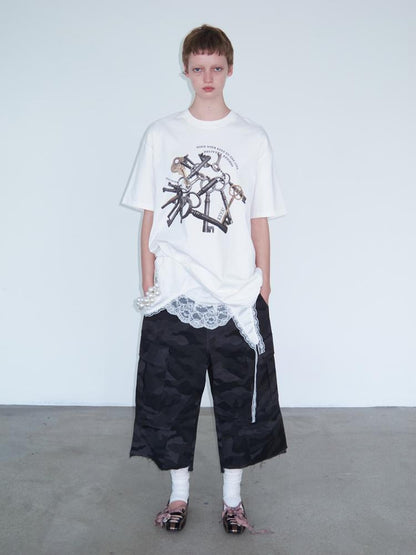 Delivery Vintage Metal Key Print Oversized Cotton Tee
