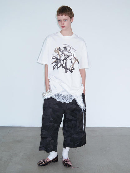 Delivery Vintage Metal Key Print Oversized Cotton Tee