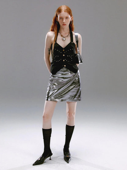 Vintage Metallic Silver Gray Sequin A Line Mini Skirt