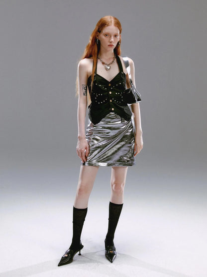 Vintage Metallic Silver Gray Sequin A Line Mini Skirt