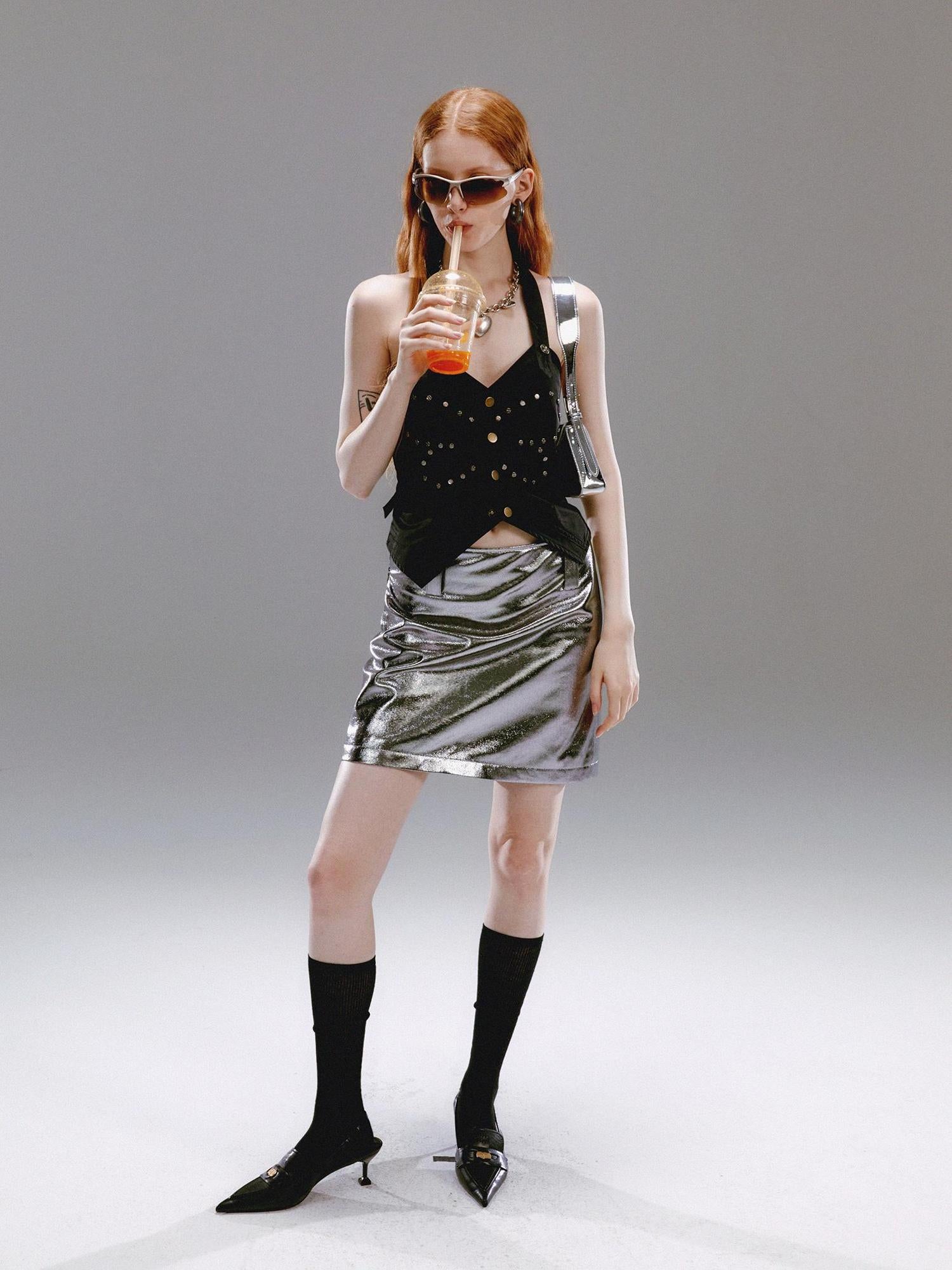 Delivery Vintage Metallic Silver Gray Sequin A Line Mini Skirt