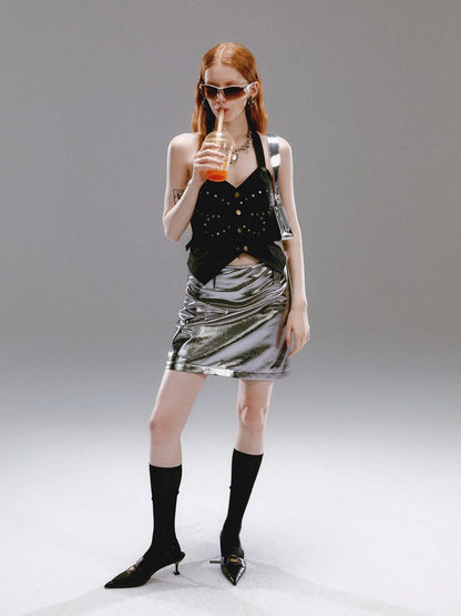 Vintage Metallic Silver Gray Sequin A Line Mini Skirt