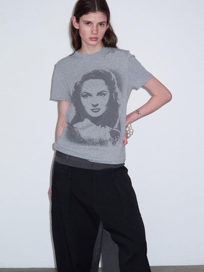 Delivery Vintage Portrait Print Straight Cut Grey Women&