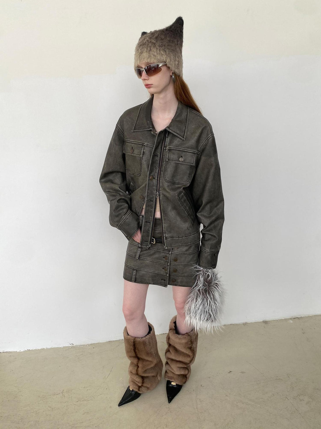 Delivery Vintage Washed Biker Jacket Layered Waistband Mini Skirt Set