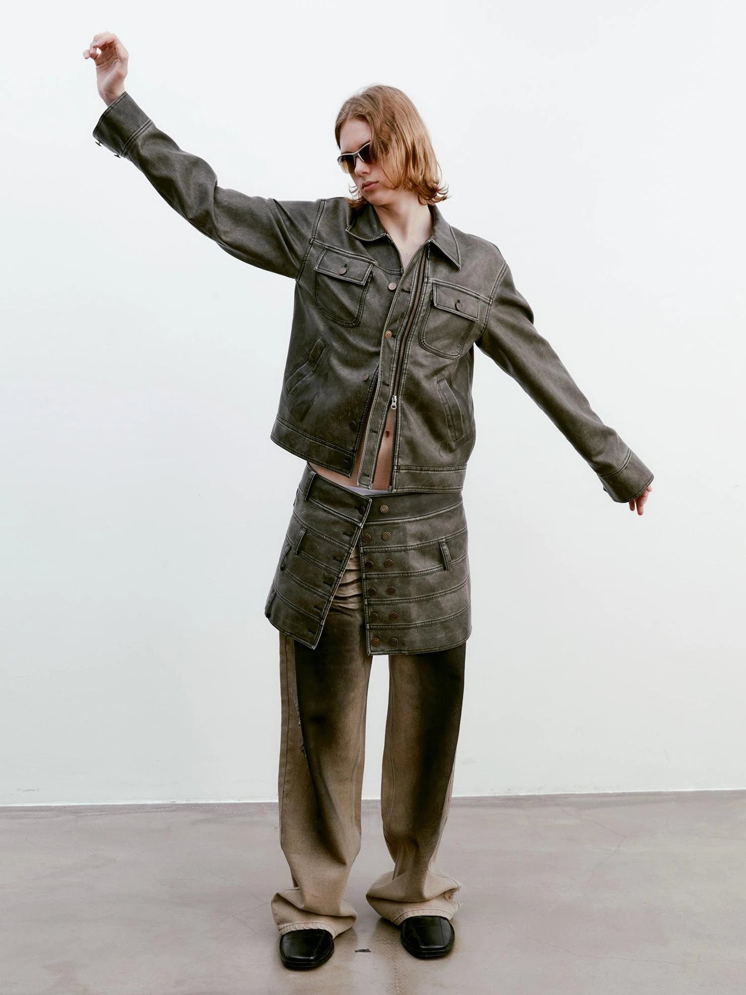 Vintage Washed Biker Jacket Layered Waistband Mini Skirt Set