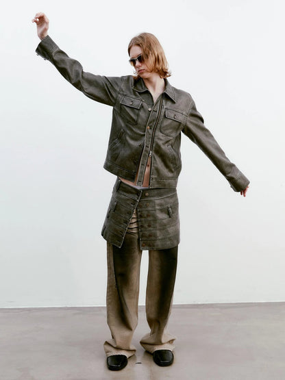 Vintage Washed Biker Jacket Layered Waistband Mini Skirt Set