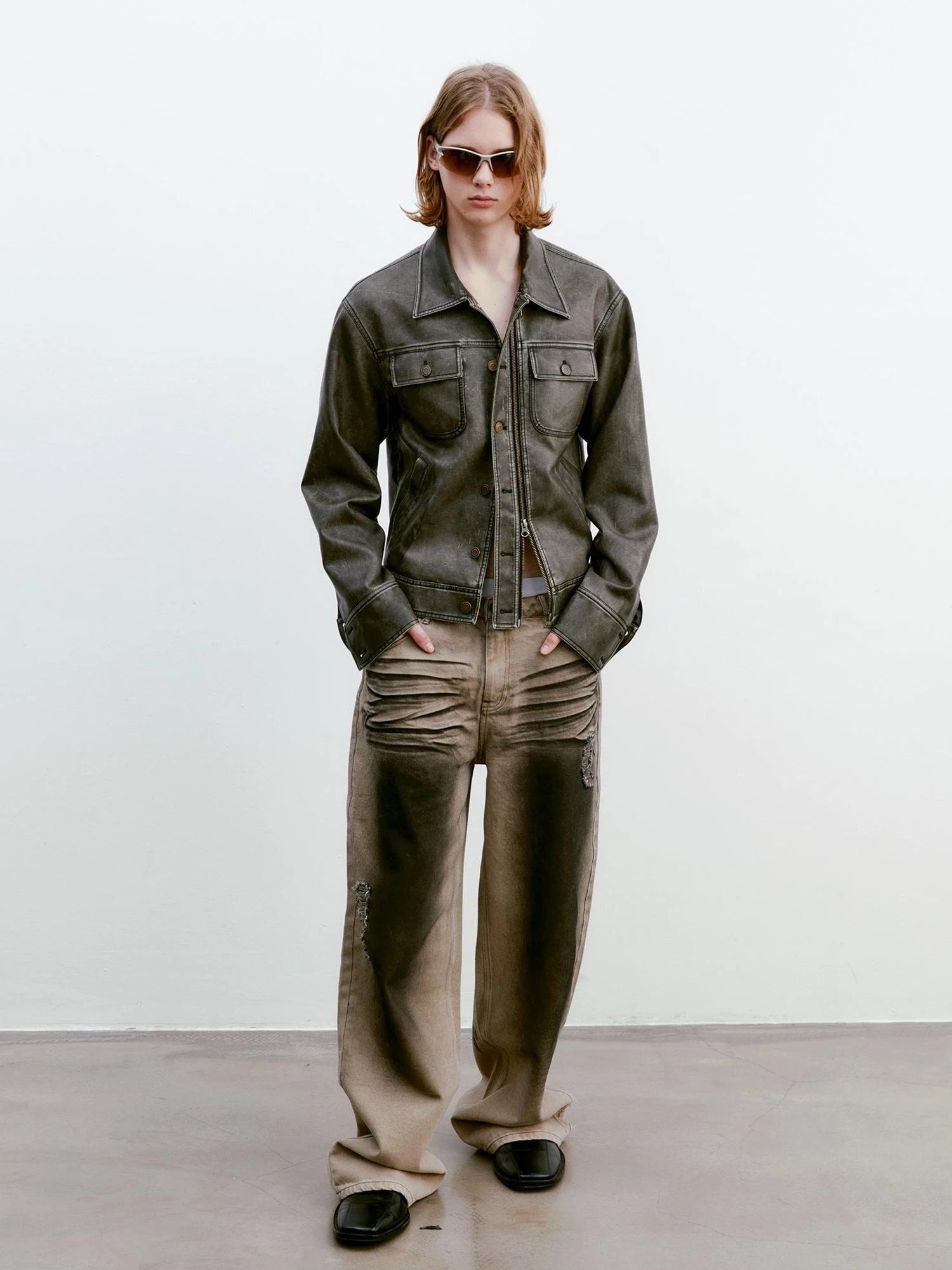 Vintage Washed Biker Jacket Layered Waistband Mini Skirt Set