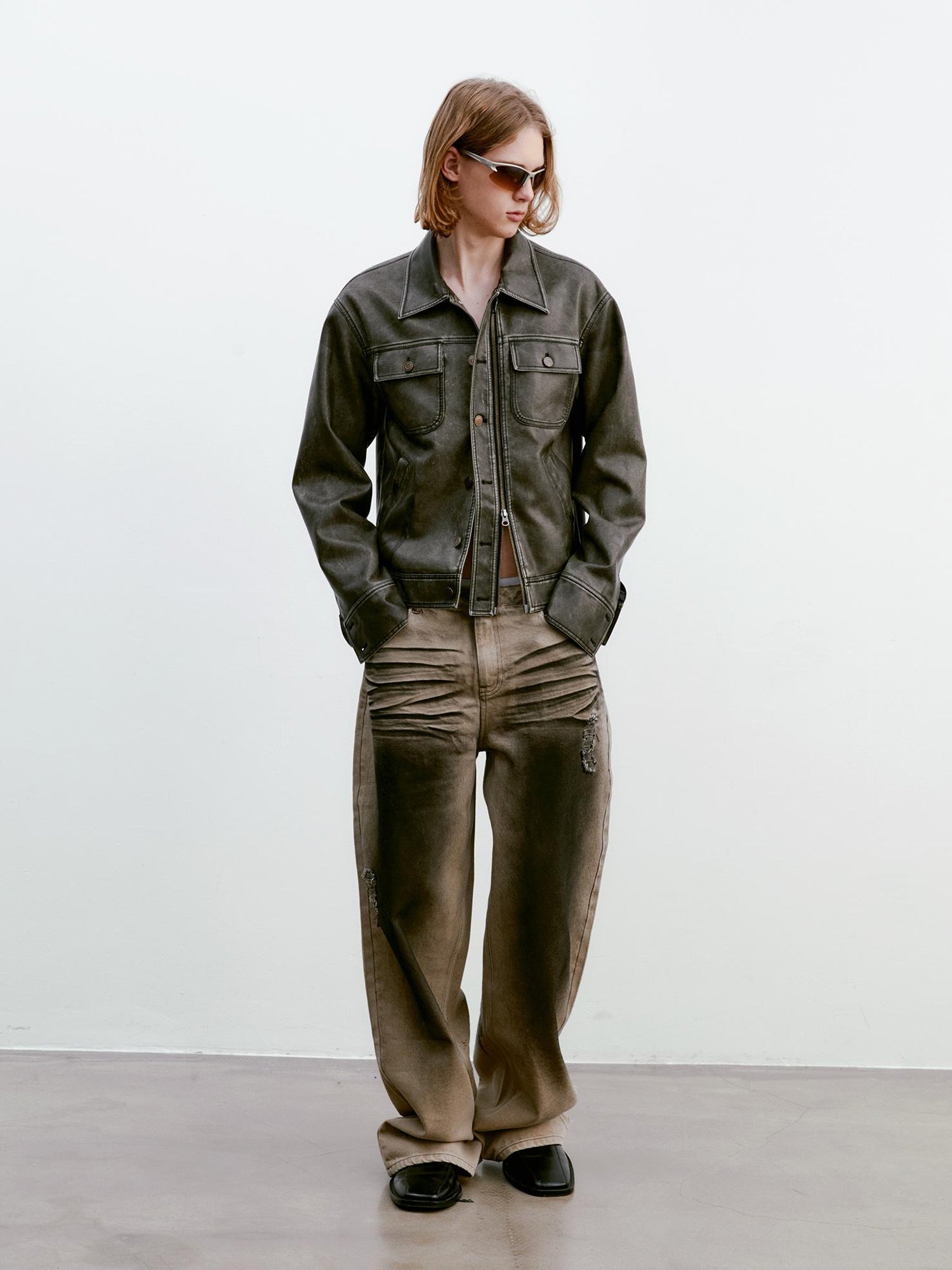 Delivery Vintage Washed Biker Jacket Layered Waistband Mini Skirt Set