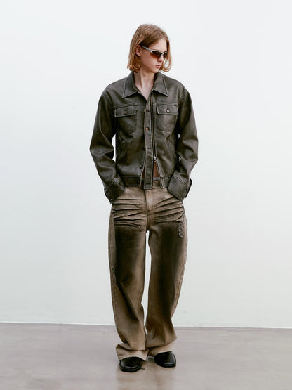 Delivery Vintage Washed Biker Jacket Layered Waistband Mini Skirt Set