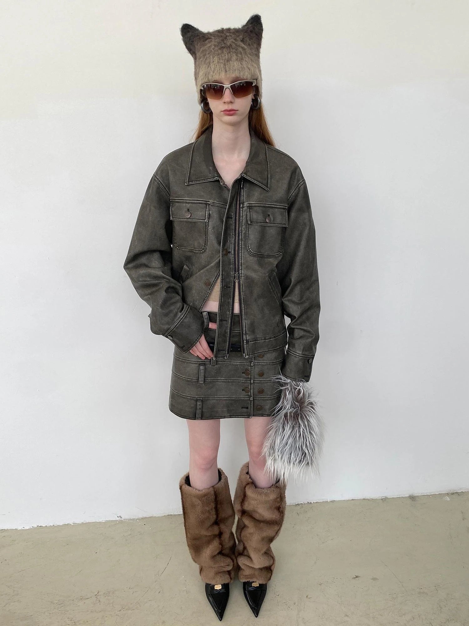 Vintage Washed Biker Jacket Layered Waistband Mini Skirt Set