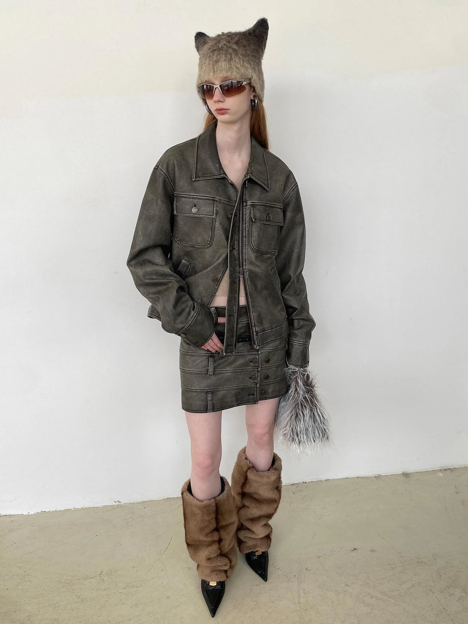 Vintage Washed Biker Jacket Layered Waistband Mini Skirt Set