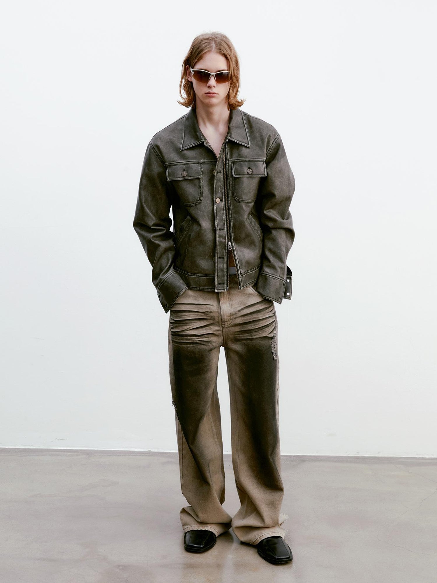 Delivery Vintage Washed Biker Jacket Layered Waistband Mini Skirt Set
