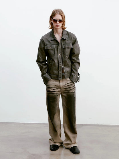 Vintage Washed Biker Jacket Layered Waistband Mini Skirt Set