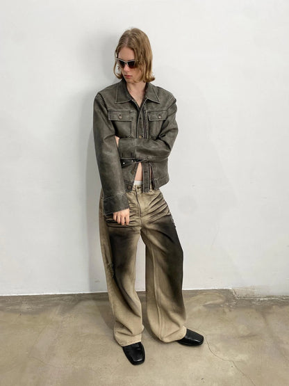 Vintage Washed Biker Jacket Layered Waistband Mini Skirt Set