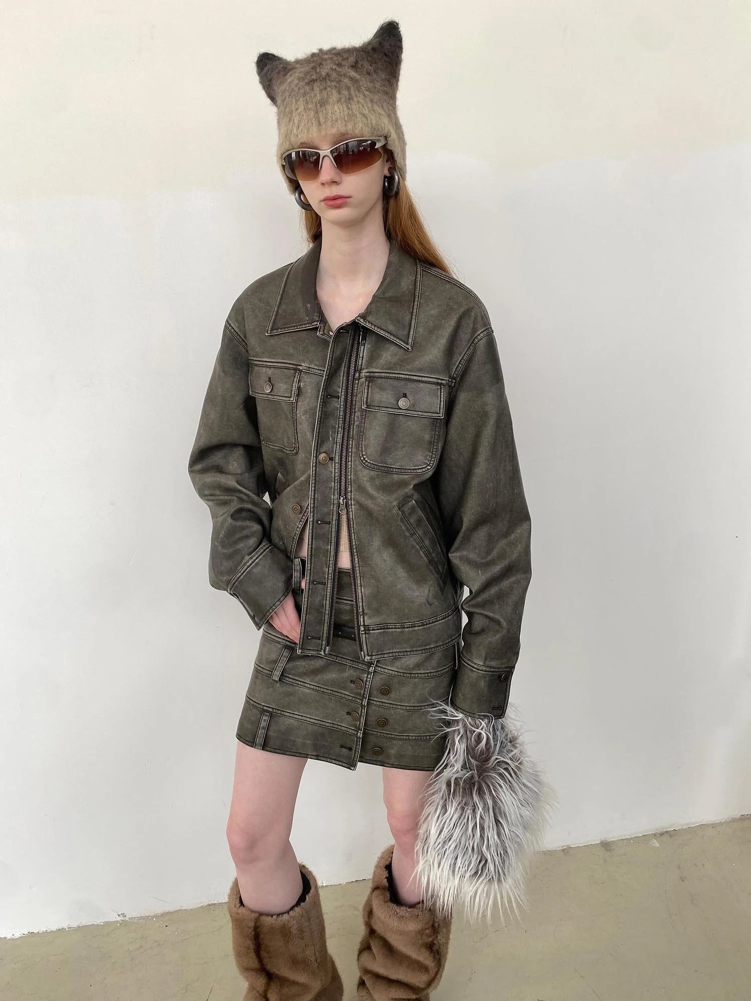 Vintage Washed Biker Jacket Layered Waistband Mini Skirt Set