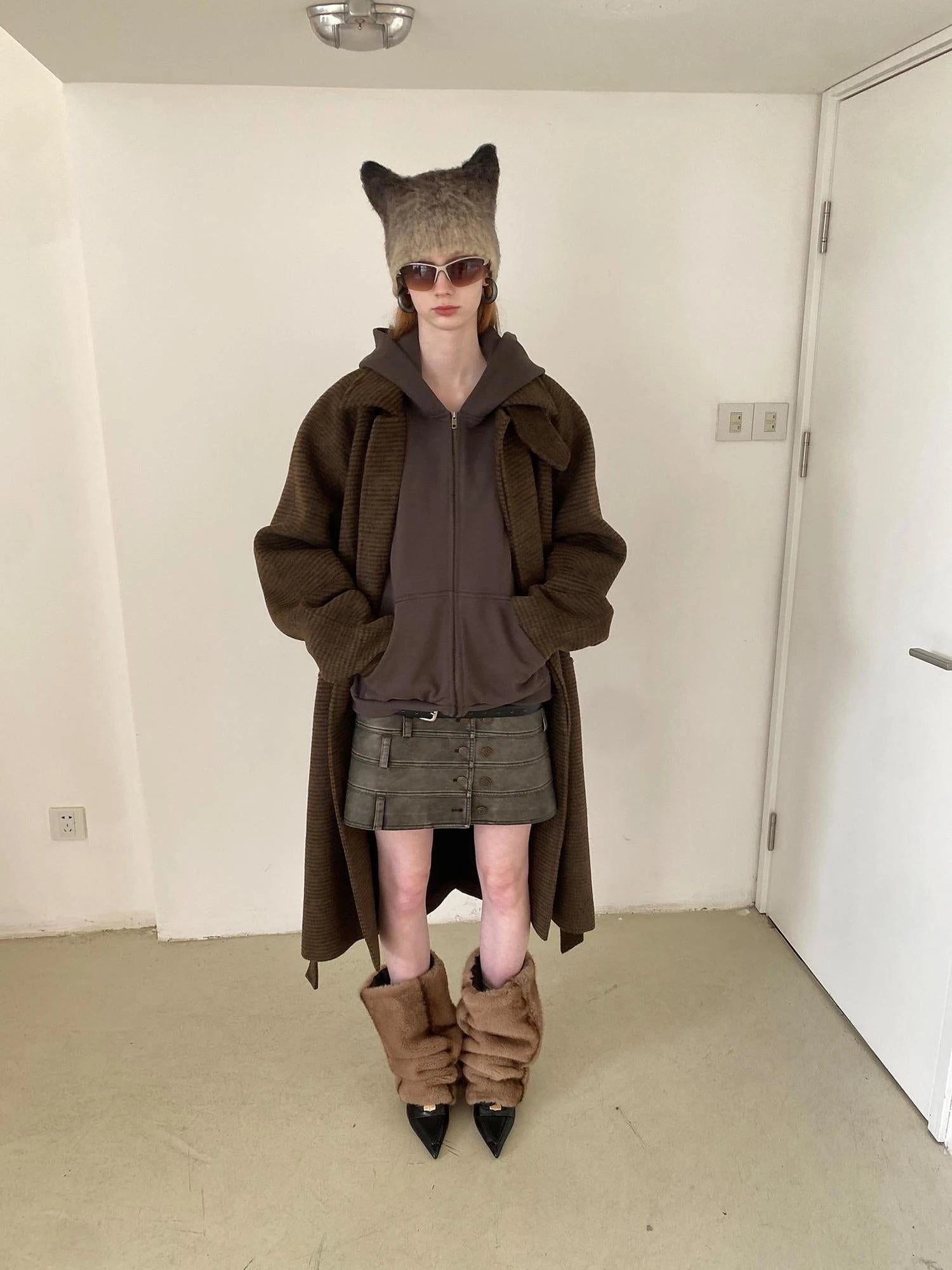 Vintage Washed Biker Jacket Layered Waistband Mini Skirt Set