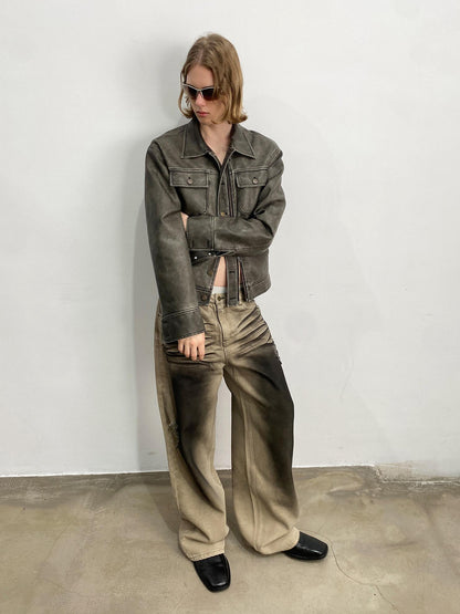 Delivery Vintage Washed Biker Jacket Layered Waistband Mini Skirt Set
