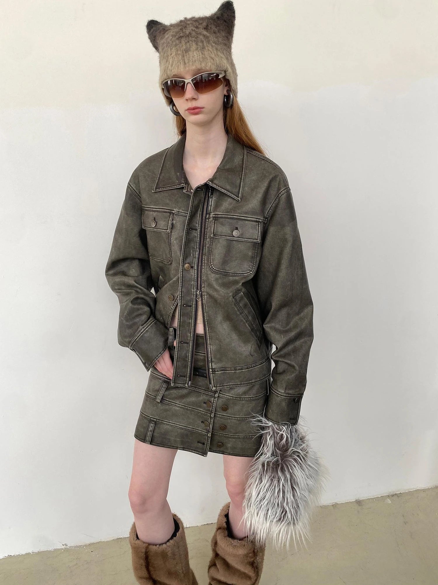 Vintage Washed Biker Jacket Layered Waistband Mini Skirt Set