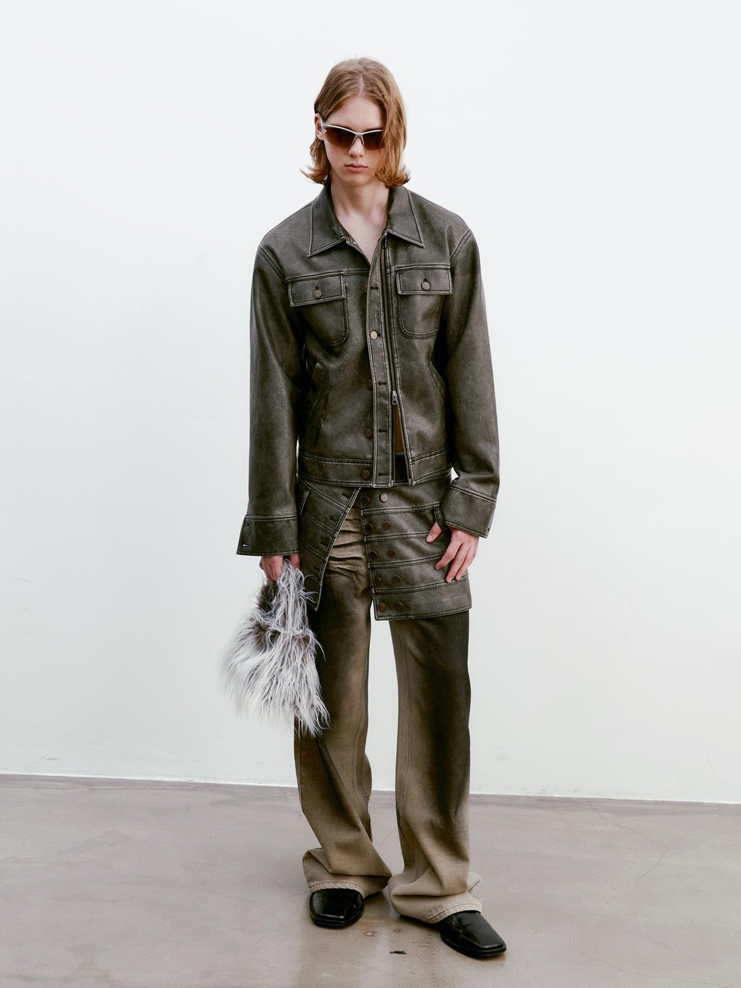 Delivery Vintage Washed Biker Jacket Layered Waistband Mini Skirt Set