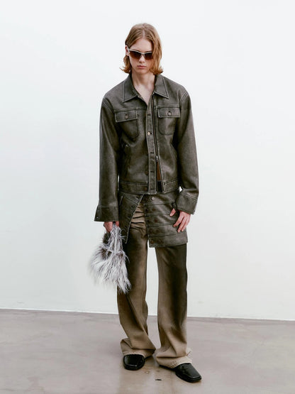 Vintage Washed Biker Jacket Layered Waistband Mini Skirt Set