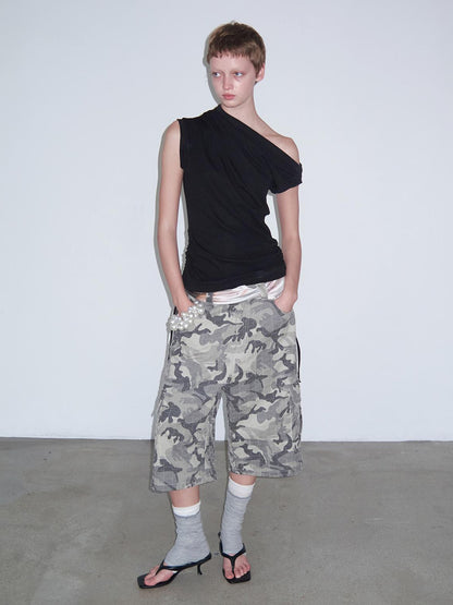 Delivery Vintage Washed Camo Cargo Shorts With Distressed Details
