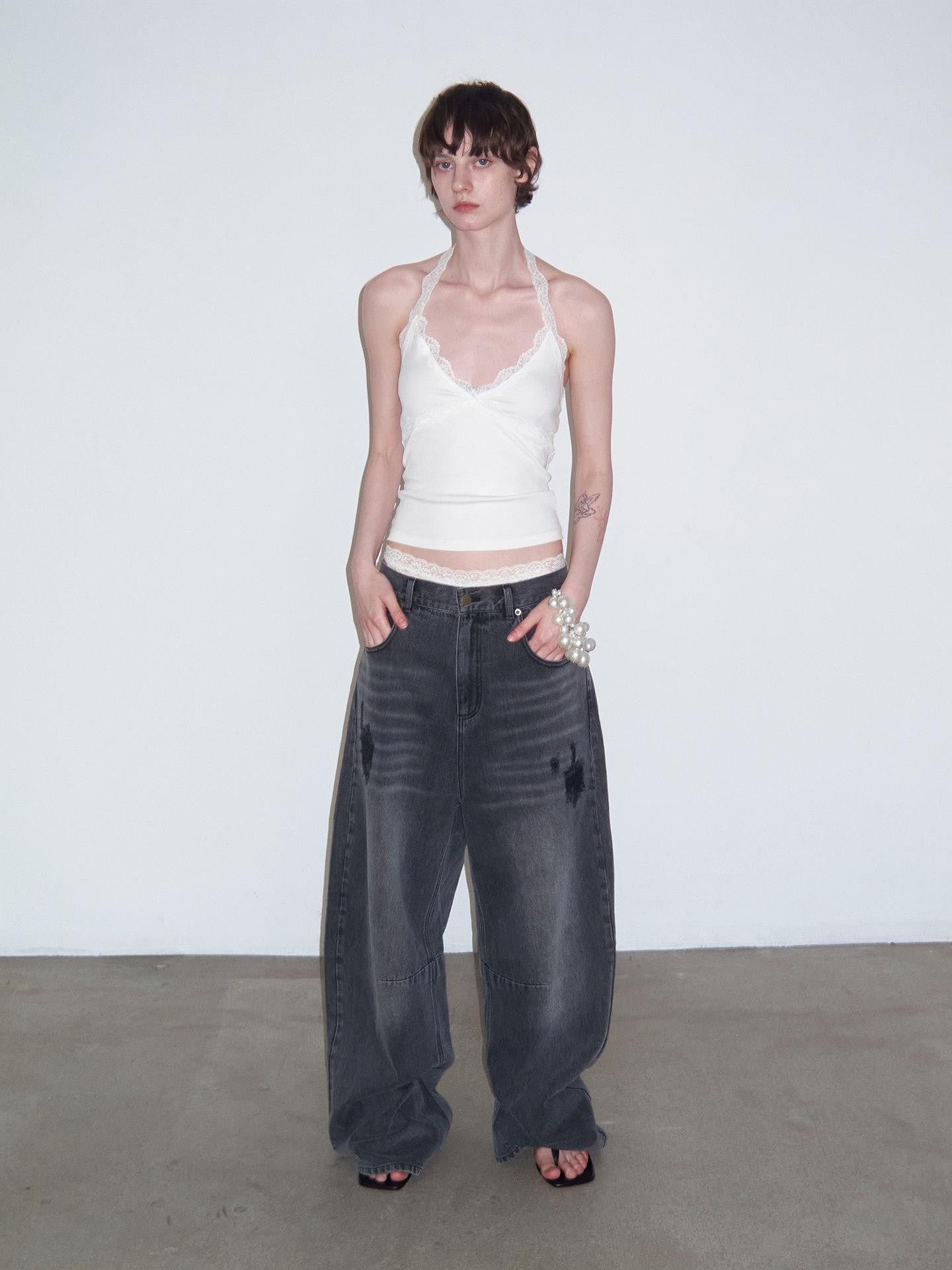 Delivery Washed Black Distressed Patchwork Women&