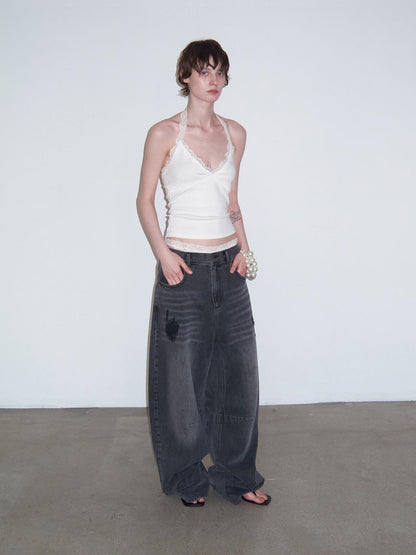 Delivery Washed Black Distressed Patchwork Women&