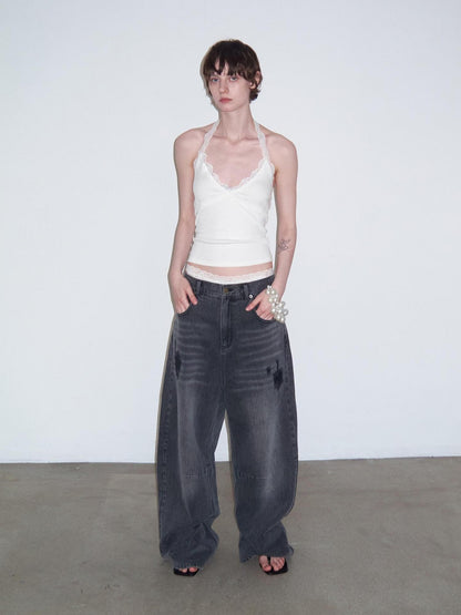 Delivery Washed Black Distressed Patchwork Women&