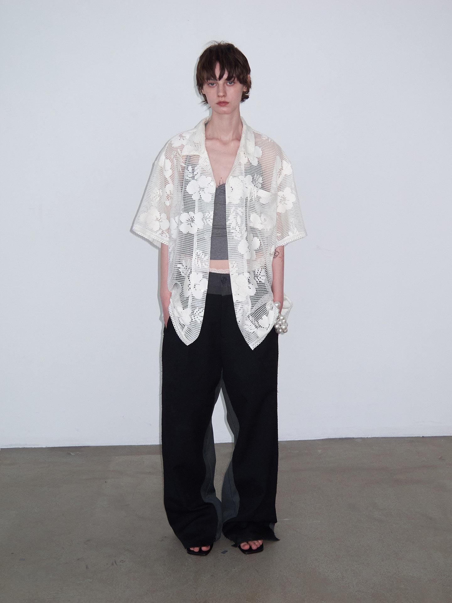 Delivery White Crochet Cutout Floral Embroidered Cuban Collar Women&